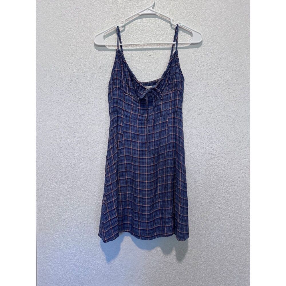 UO BDG Kamaryn Check Tie Front Mini Dress Blue Plaid Size Small